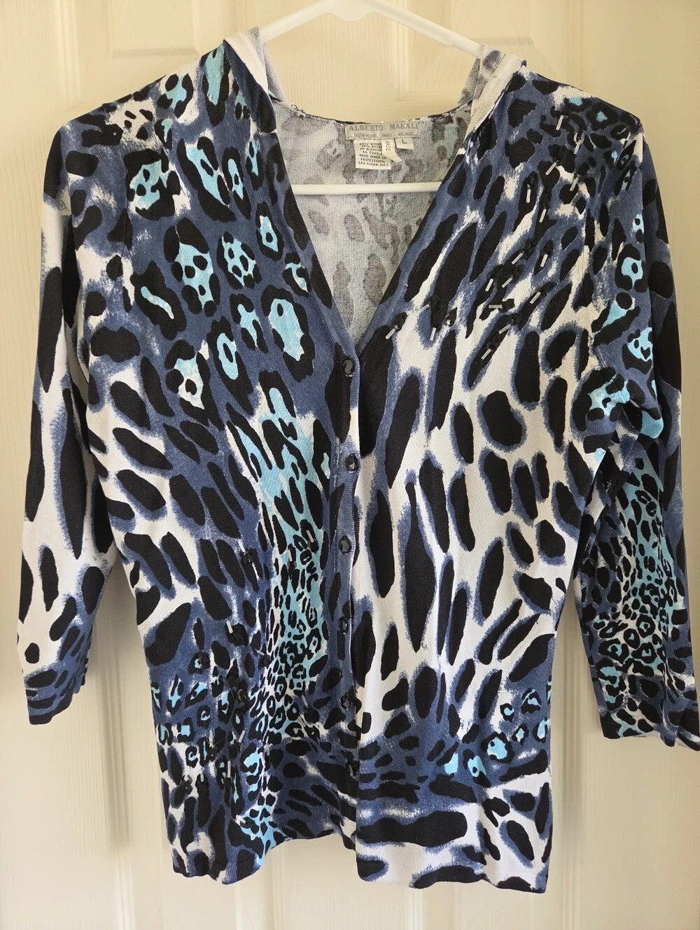 Alberto Makali Blue Leopard Print Cardigan Sweater V-Neck Beaded Knit L Large